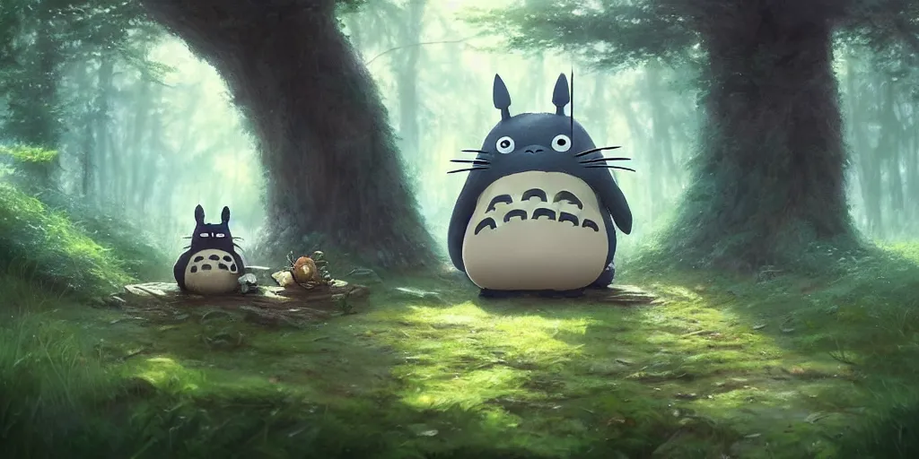 Image similar to Totoro sitting in a forest, fantasy, pixar,, high detail, god rays, painting by greg rutkowski, deviantart, trending on artstation, artstationHD, artstationHQ