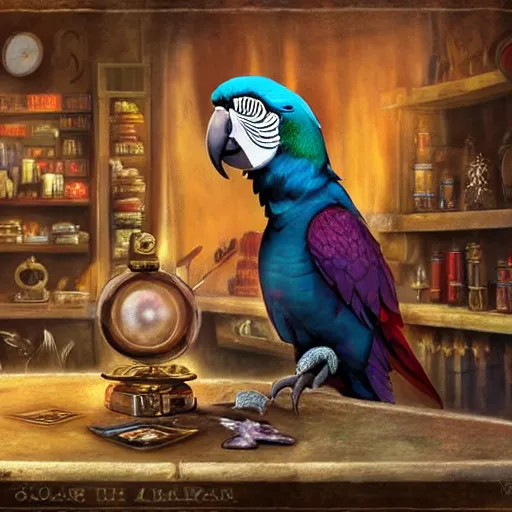 Image similar to Magic the gathering artwork of Anthropomorphized parrot trader in his shop, shelves full, selling a gem, portrait, items, magic potions, carpet, window, fancy funny hat, sly expression , cunning expression, cute expression, presenting magic gem, D&D, fantasy, cinematic lighting, highly detailed, digital painting, artstation, concept art, smooth, sharp focus, illustration, warm light, cozy warm tint, magic the gathering artwork, volumetric lighting, 8k, no gold, no gold colours, art by Akihiko Yoshida and Greg Rutkowski