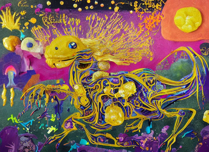 Image similar to expressionistic decollage painting golden armor alien zombie horseman riding on a translucent bone dragon broken rainbow diamond maggot horse in a blossoming meadow full of colorful mushrooms and golden foil toad blobs in a golden sunset, distant forest horizon, painted by Adrian Ghenie, Danny Fox and Hilma af Klint, pixelated, buff, color field painting, graffiti tag, byzantine art, pop art feel, naive. Mark Rothko painting, part by Philip Guston and Frank Stella art by Barnett Newman, 8k, extreme detail, intricate detail, masterpiece