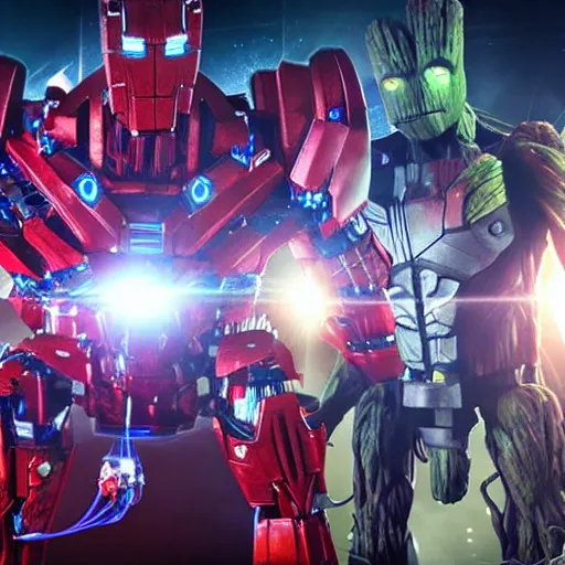 Image similar to groot and optimus prime in techno party among people dancing, wide shoot, after effect ultra realistic 3 d