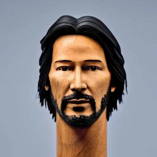 Prompt: a wooden sculpture of keanu reaves