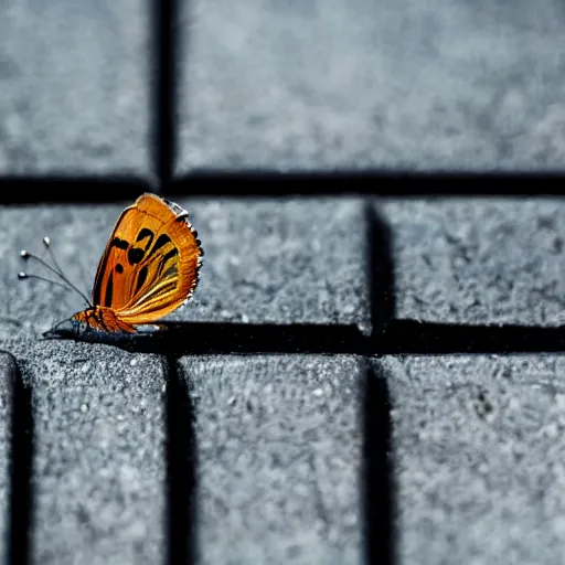 Prompt: a close up photo of a butterfly on a solarpannel, with a city in the background, made with an 8 0 mm lense