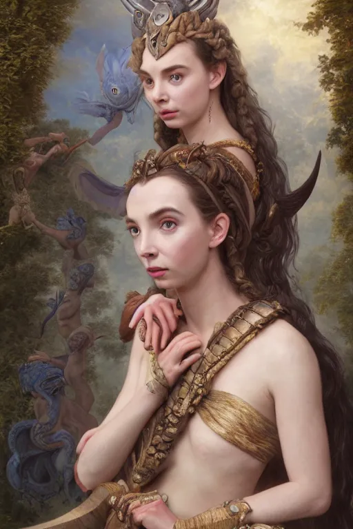 Image similar to A fantasy book style portrait painting of a hybrid Jodie Comer, Anya_Taylor-Joy as a Mystical Valkyrie Reptilian-Anubis Atlantean Warrior, François Boucher, Oil Painting, unreal 5, DAZ, hyperrealistic, octane render, Regal, Refined, Detailed Digital Art, RPG portrait, William-Adolphe Bouguereau, Michael Cheval, Walt Disney (1937), Steampunk, Volumetric Golden dappled dynamic lighting, Highly Detailed, Cinematic Lighting, Unreal Engine, 8k, HD