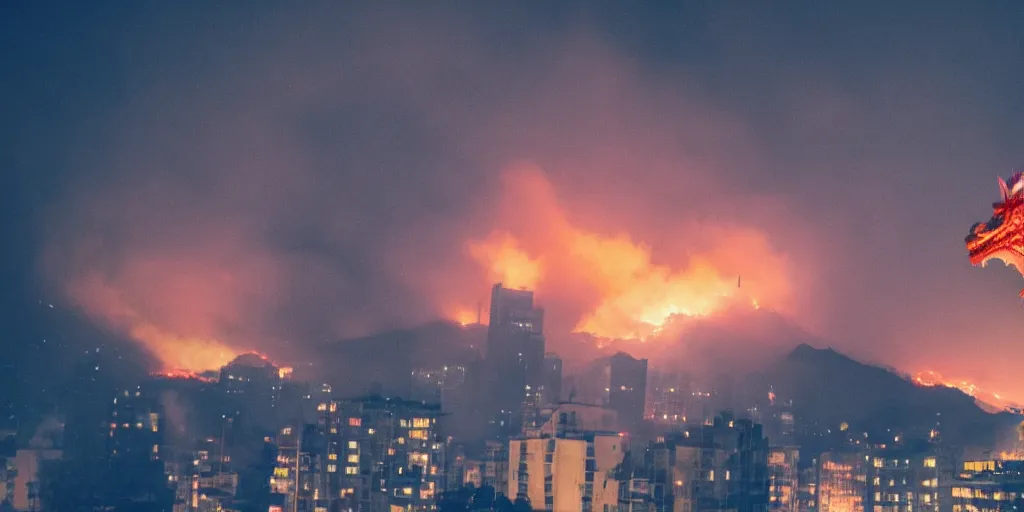 Prompt: a Chinese Fire Dragon surrounded by smoke and fire high above a city at night