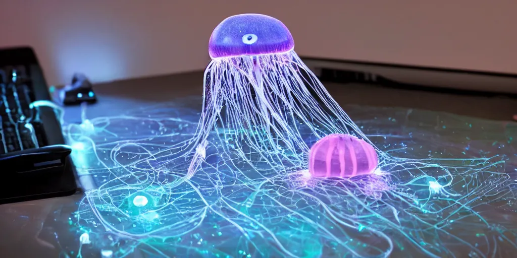 Prompt: a low detailed jellyfish in water electrocuting a floating heart with keyboard and laptop using fiber optics