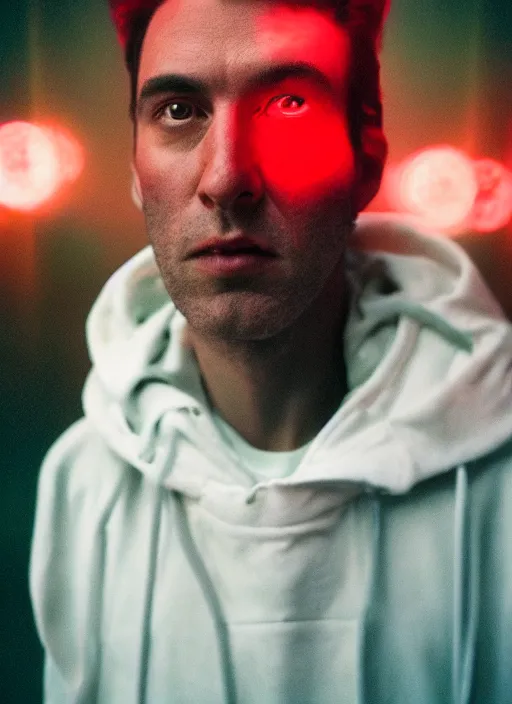 Prompt: A hyper realistic and detailed head portrait photography of Rick Sanchez wearing a futuristic white raincoat with hoodie on a rainy day. by annie leibovitz. Neo noir style. Cinematic. Swirly bokeh. Red neon lights and glow in the background. Cinestill 800T film. Lens flare.