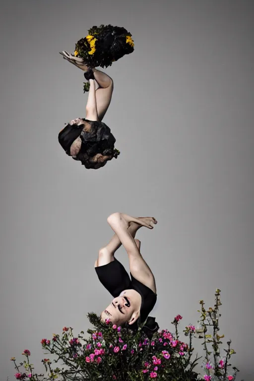 Image similar to a surreal portrait of a woman wearing gas mask diving into the ground of black flowers in the style of brooke didonato, editorial fashion photography from vogue magazine, full shot, nikon d 8 1 0, ƒ / 2. 5, focal length : 8 5. 0 mm, exposure time : 1 / 8 0 0, iso : 2 0 0