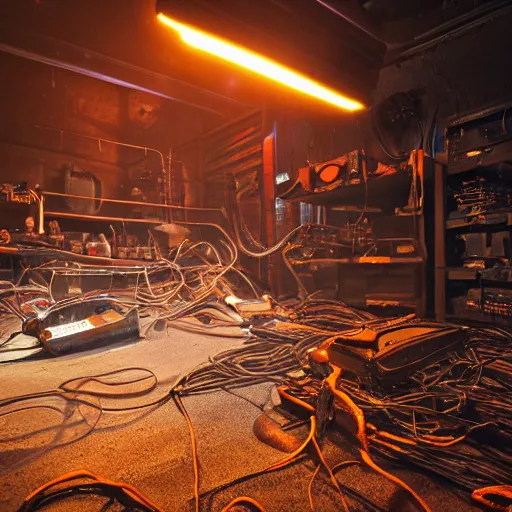 Image similar to overcharging toaster oven, tangles of metallic cables, dark messy smoke - filled cluttered workshop, dark, dramatic lighting, orange tint, sparks, plasma charges, cinematic, highly detailed, sci - fi, futuristic, movie still