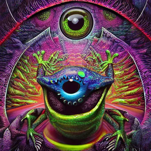 Prompt: dark fantasy, 4 k, textured 3 d, intense detail, psychedelic frog, amazing background, eyeball in center of hideous monster, alex grey style