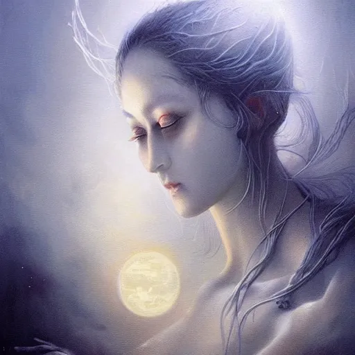 Prompt: an acrylic on canvas portrait painting of the Moon Goddess by Greg Rutkowski, Artgerm and Beksinski. Epic fantasy art. Volumetric lighting. Night scene.