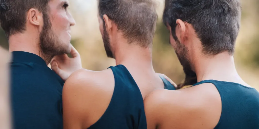 Prompt: an over the shoulder shot of a beautiful woman who is passing a handsome man