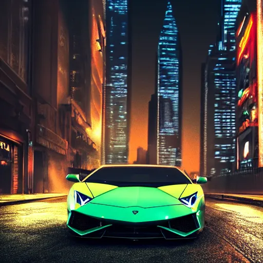 Prompt: Lamborghini in a cyberpunk street, realistic, high details, rain, night, 4k