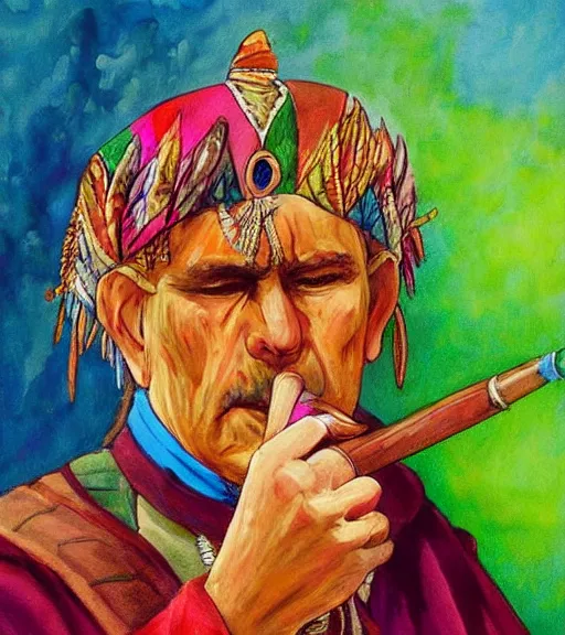 Image similar to Painting in a style of Lord of the rings of a shaman dressed in a colorful traditional clothes. He is smoking a pipe