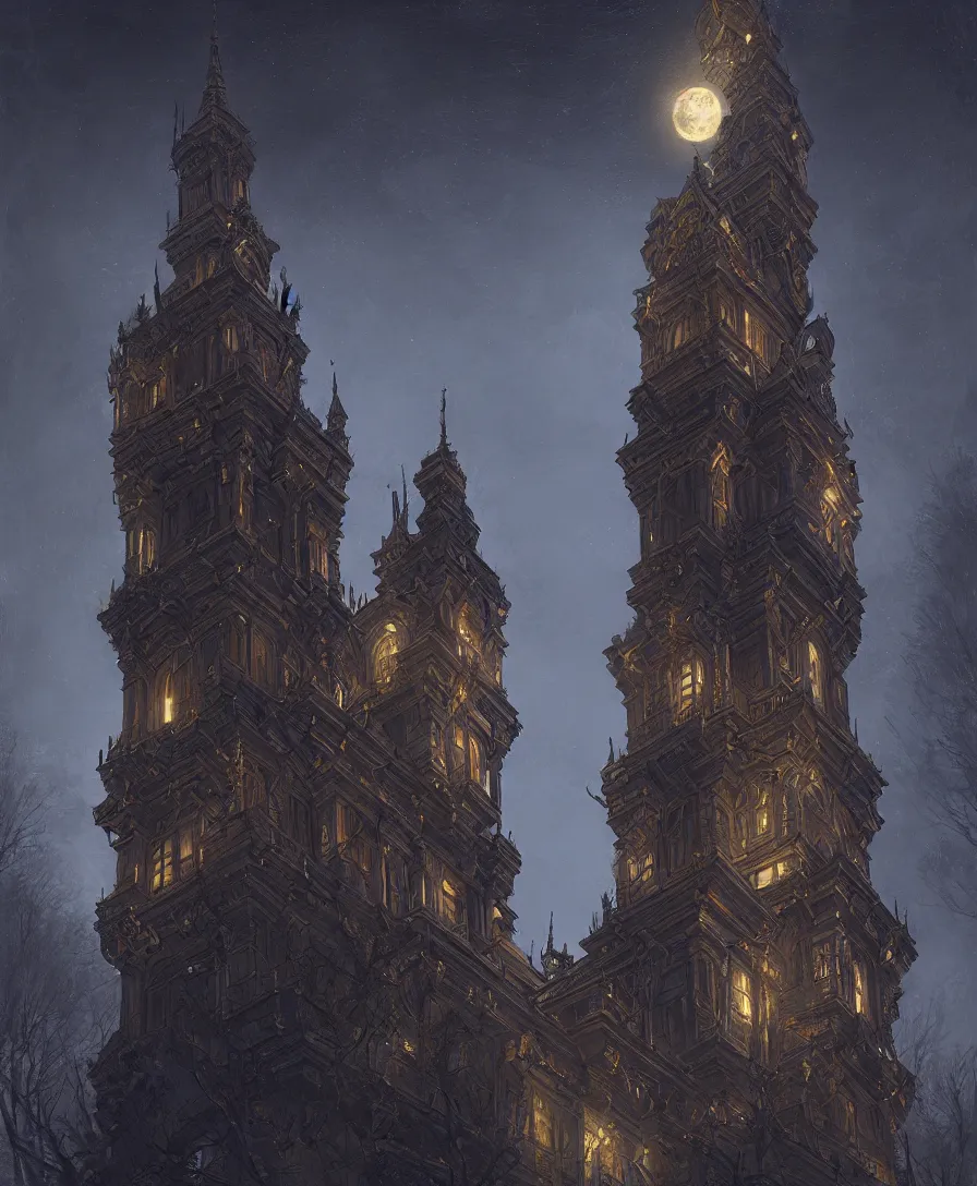 Prompt: slavic architecture style tower, moonlit night, extremely hyperdetailed symmetrical, intricate 8 k, hdr, unreal engine 5, chiaroscuro, sharp focus, trending on artstation, by jeremy lipking and ferdinand knab and artgerm