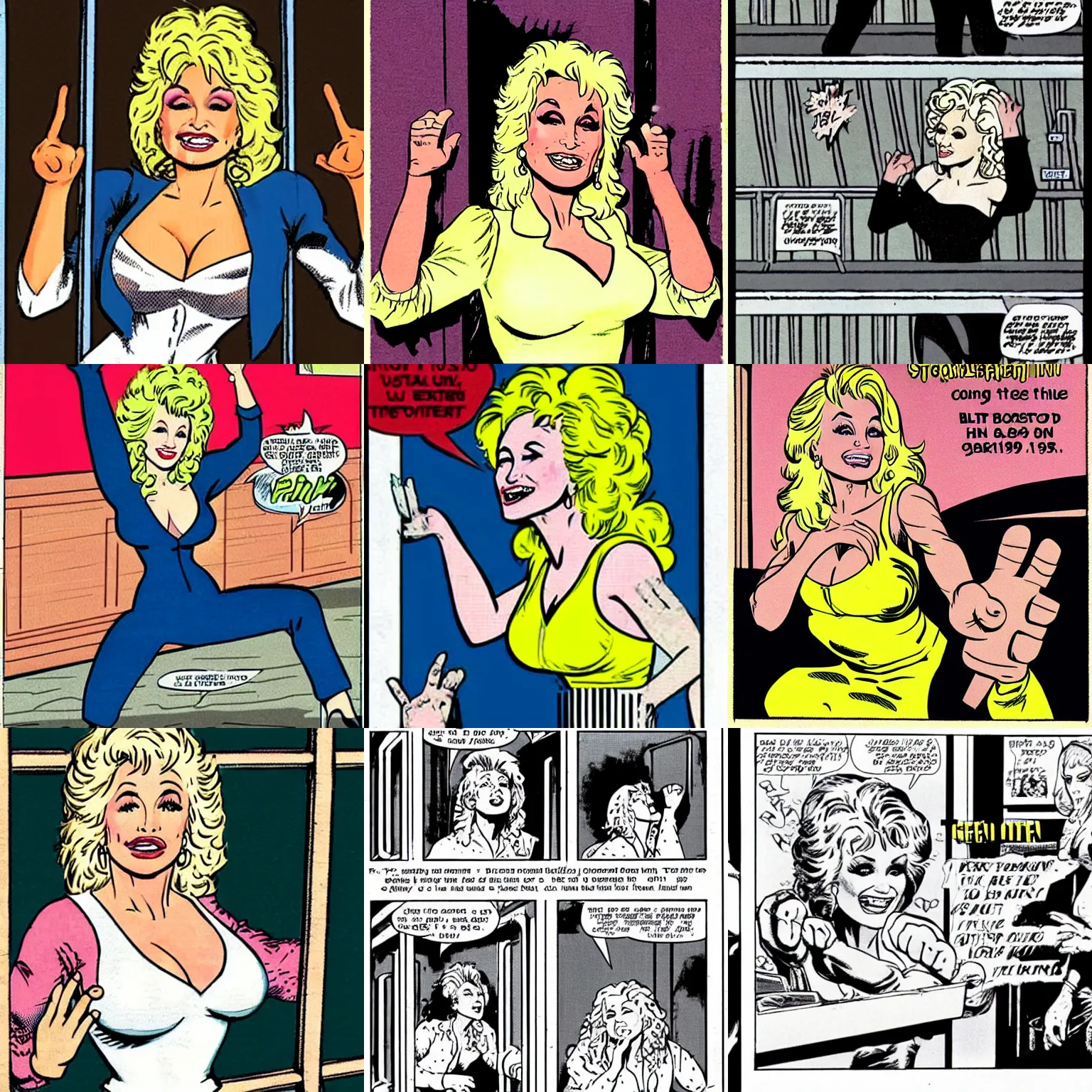 Prompt: Dolly Parton tearing apart prison bars with her bare hands, 1980s comic book panel