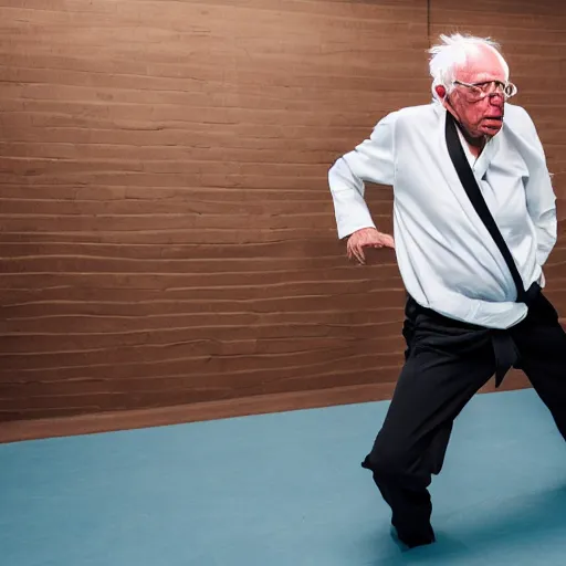 Prompt: Bernie Sanders doing Karate in his whitey tighties, vogue, perfect face, intricate, Sony a7R IV, symmetric balance, polarizing filter, Photolab, Lightroom, 4K, Dolby Vision, Photography Award