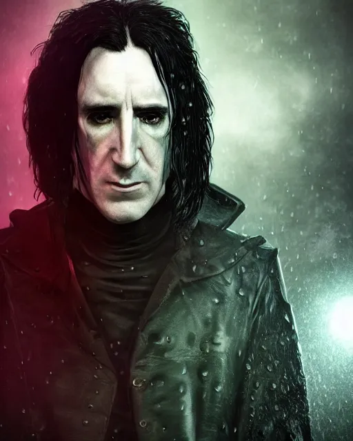 Image similar to An epic fantasy comic book style portrait painting of a very imposing Industrial goth Trent Reznor as Severus Snape in the rain, wet hair, neon reflections, character design by Mark Ryden and Pixar and Hayao Miyazaki, unreal 5, DAZ, hyperrealistic, octane render, cosplay, RPG portrait, dynamic lighting, intricate detail, cinematic