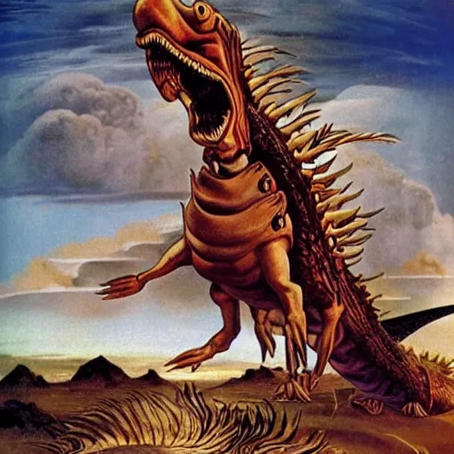Image similar to atilla the hun riding a spinosaurus running away from a tornado, in the style of Salvador Dali