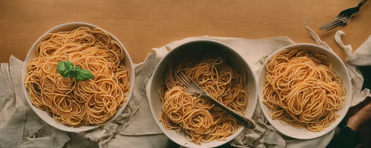 Prompt: the largets bowl of spaghetti in history, small details, intricate, canon 5 0 mm, wes anderson film, kodachrome