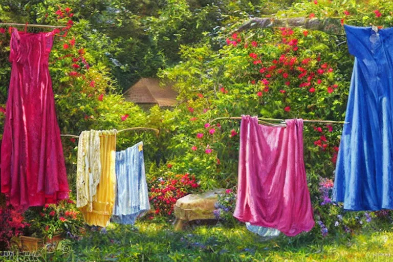 Image similar to summer dresses drying in the sun, created by Mark Keathley