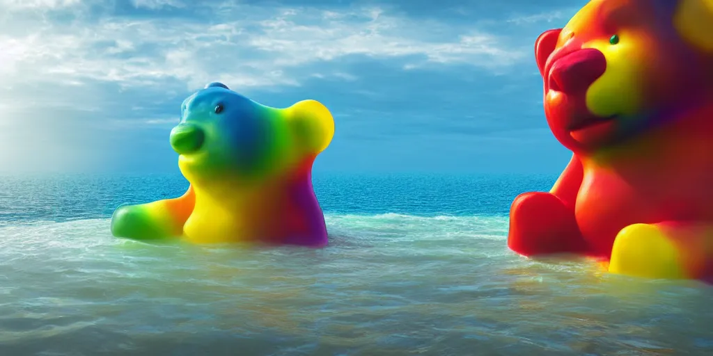 Prompt: side view of a couple oversized huge ( gummi bears ) that float in white vitamin d milk ocean of gentle rolling waves. a milk ocean. blue sky morning sun on horizon. digital art, cgsociety award winner, ue 5, 4 k, dramatic lighting, subsurface scatter, hdr, dues ex.