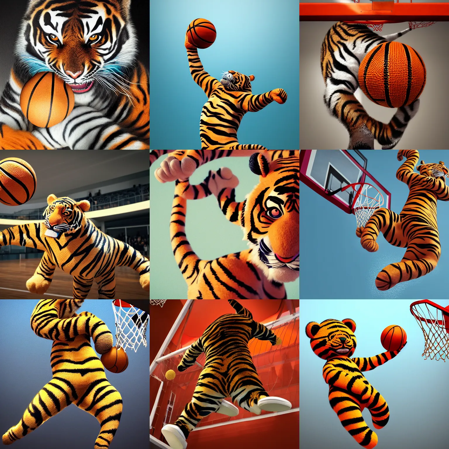 Prompt: a photorealistic picture of a knitted tiger dunking basketball in style of Pablo Picasso Trending on Artstation, featured on Behance, well-rendered, fine detail, extra crisp image, Unreal Engine, 4K HD