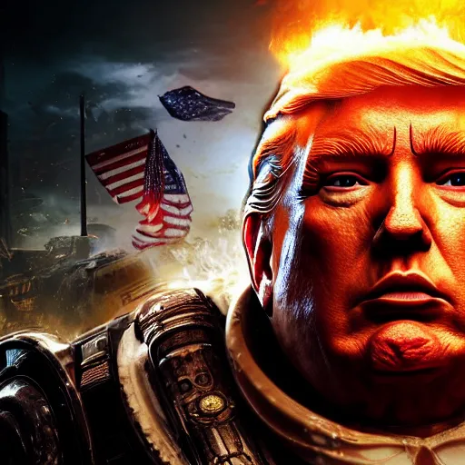 Image similar to photo portrait of donald trump with cigar as god emperor in gears of war, splash art, movie still, detailed face, photorealistic facial features, cinematic lighting, dramatic, octane render, long lens, shallow depth of field, bokeh, anamorphic lens flare, 8 k, hyper detailed, 3 5 mm film grain