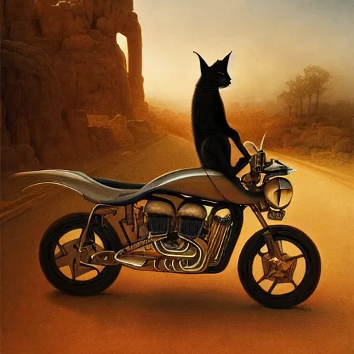 Image similar to a detailed painting of a cute caracal riding a harley davidson motorcycle. movie scene, cinematic scene, sunset, road. by beksinski and carl spitzweg and tuomas korpi. baroque elements. baroque element. intricate artwork by caravaggio. oil painting. award winning. trending on artstation. 8 k