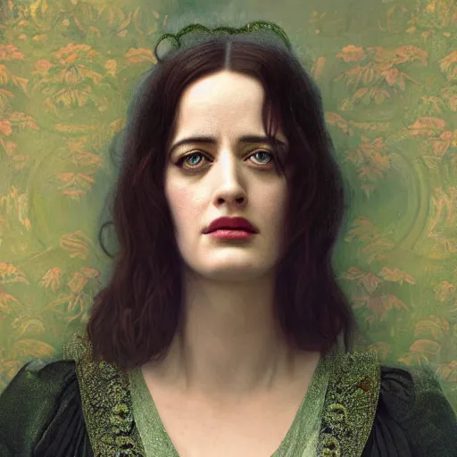 Image similar to a very detailed portrait painting of Eva Green, a very detailed french room, a very detailed dramatic sky, light particles, environment drawn byVesper Lynd, character design by Alphonse Mucha, 4k, volumetric lighting, komorebi, award winning, octane render, hyperrealistic