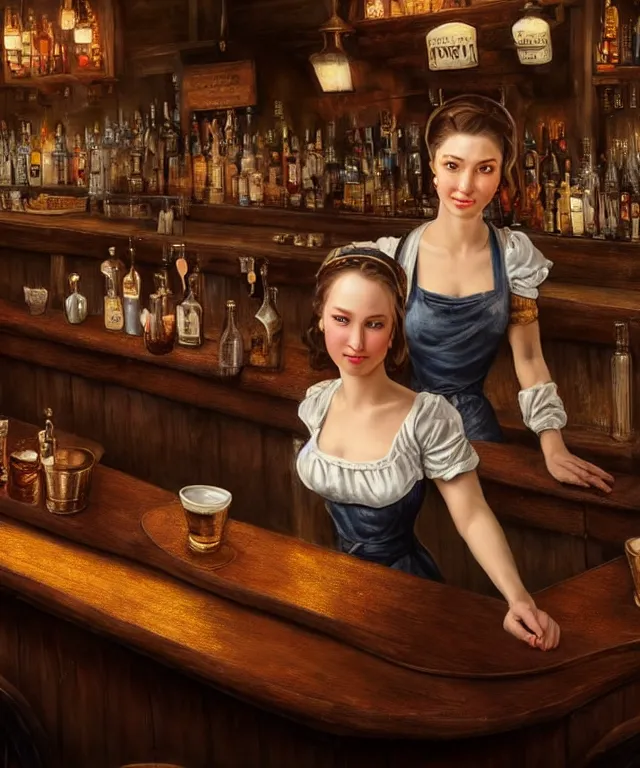 Prompt: hyperrealistic mixed media painting of a beautiful smiling charismatic barmaid, dimly lit cozy tavern, relaxed pose, serving customers at bar, medieval period, stunning 3d render inspired art by Tim Okamura + perfect facial symmetry + dim volumetric lighting, 8k octane beautifully detailed render, post-processing, extremely hyperdetailed, intricate, epic composition, grim yet sparkling atmosphere, cinematic lighting + masterpiece, trending on artstation, very very detailed, masterpiece, stunning