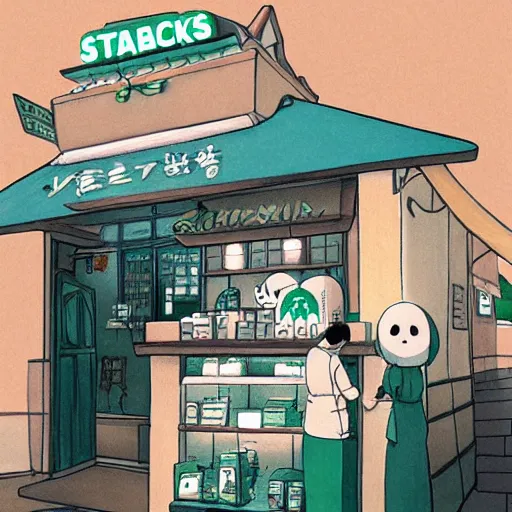 Image similar to starbucks shop with spirited away style, no face man, illustrate, art by ghibli studio