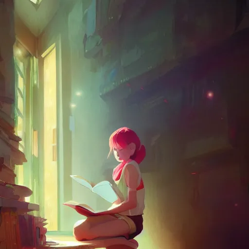 Prompt: beautiful girl reading a book, early morning, drops around, particles, shiny, Studio Ghibli, animated, illustrated, vibrant, by Greg Rutkowski, artstation, oil painting, detailed, 4k, colorful