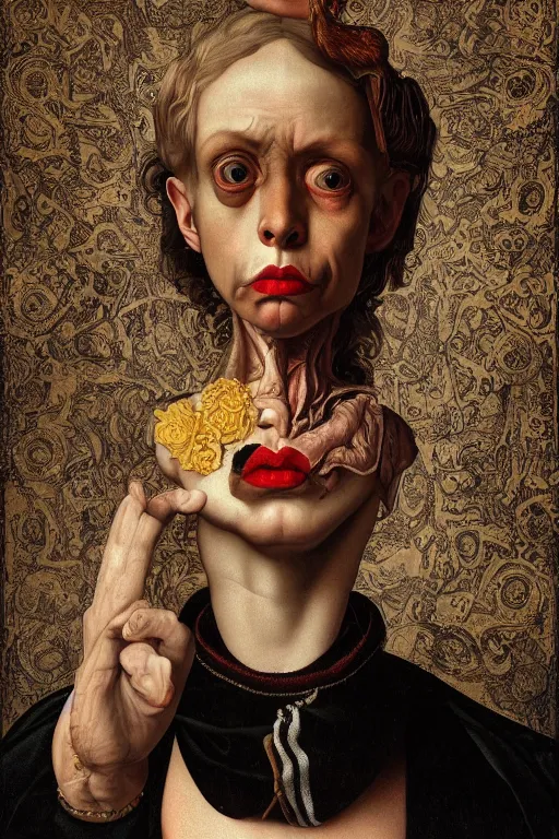 Image similar to Detailed maximalist portrait with large lips and with large wide eyes, surprised expression, surreal extra flesh and bones, HD mixed media, 3D collage, highly detailed and intricate, illustration in the golden ratio, in the style of Caravaggio, dark art, baroque