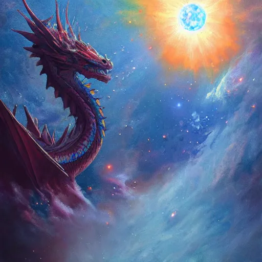 Prompt: prompt crystalline blue scales, dragon in space, devouring a planet, sun system, nebula, oil painting, by Fernanda Suarez and and Edgar Maxence and greg rutkowski