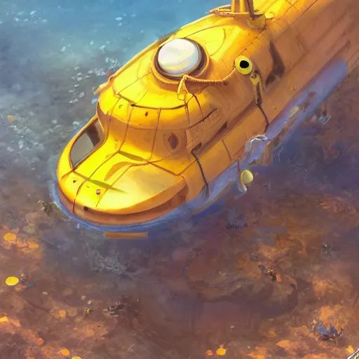 Image similar to submarine painted yellow lifted out of ocean by blue research vessel, golden hour, by tyler edlin, artstation