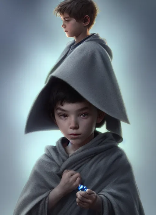 Prompt: perfectly - centered - portrait of a kid wearing grey cloak holding light saber, intricate, highly detailed, digital painting, artstation, concept art, smooth, sharp focus, illustration, unreal engine 5, 8 k, art by artgerm and greg rutkowski and alphonse mucha