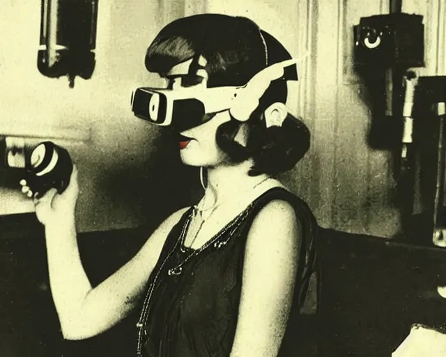 Image similar to 1 9 2 0 s photo of a flapper girl wearing a vr headset on a stage in a speakeasy