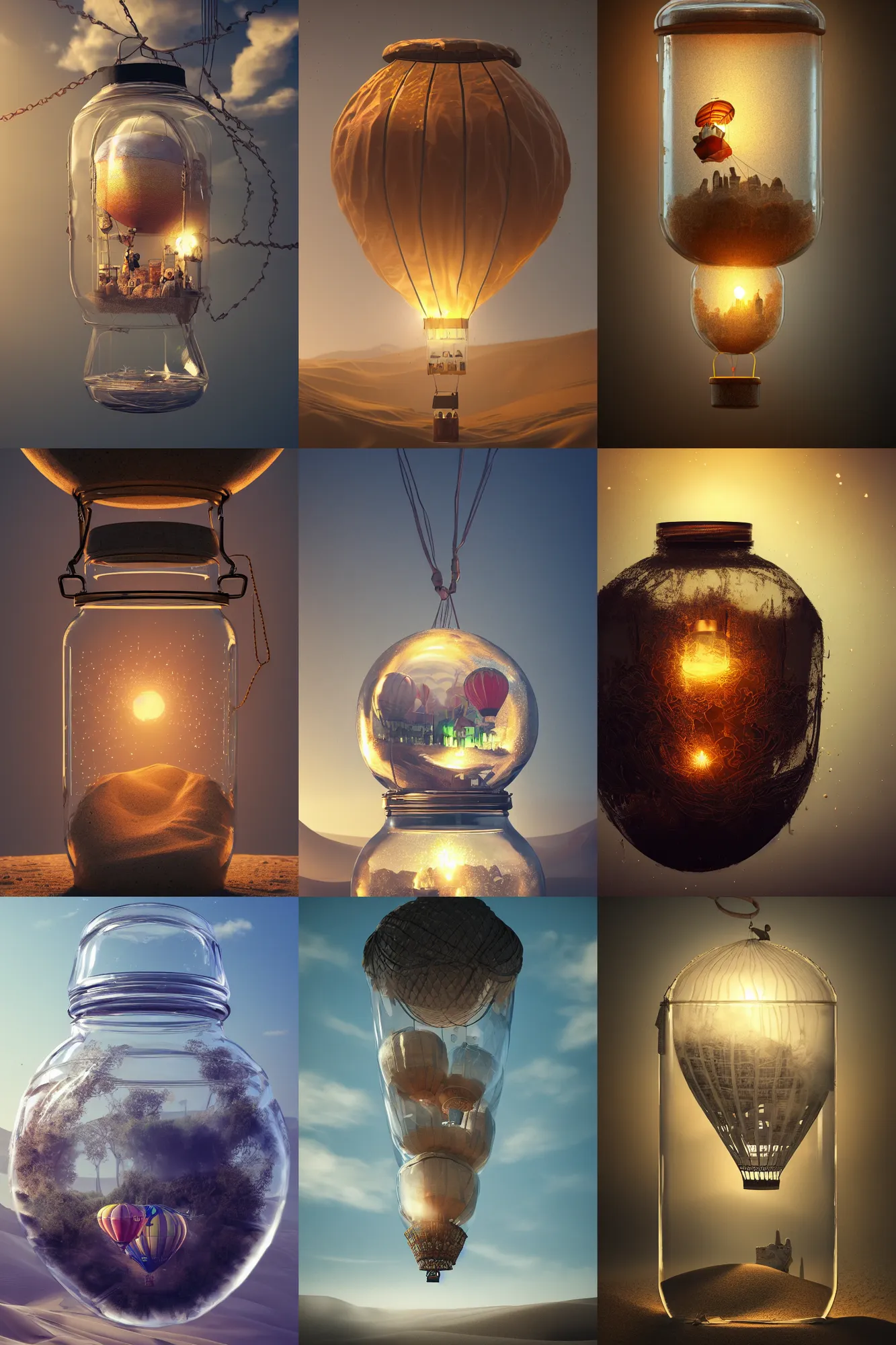 Prompt: hot air balloon inside a glass jar buried in sand, intricate detail, volumetric lighting, epic composition, hyper detailed, ultra realistic, sharp focus, octane render, volumetric, ray tracing, artstation trending, cgsociety, sense of awe, swirling mist, 4 k