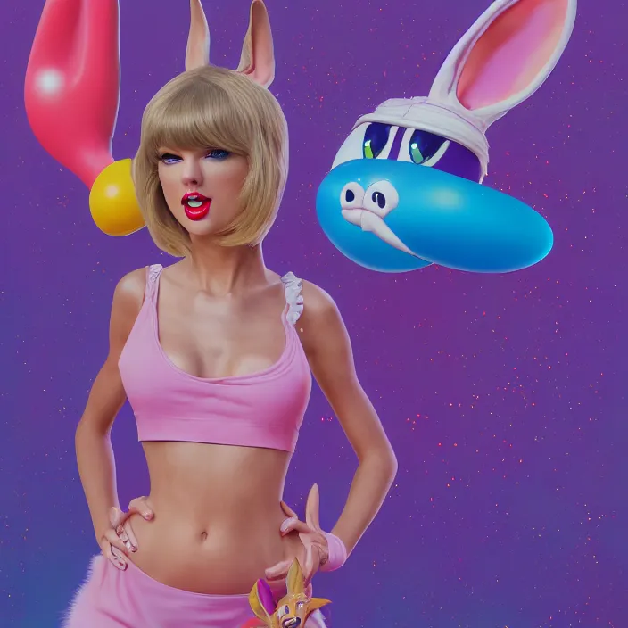 Image similar to portrait of Taylor Swift as Lola Bunny in Space Jam 1996. bunny ears. HD. intricate abstract. intricate artwork. by Tooth Wu, wlop, beeple, dan mumford. octane render, trending on artstation, greg rutkowski very coherent symmetrical artwork. cinematic, hyper realism, high detail, octane render, 8k, iridescent accents