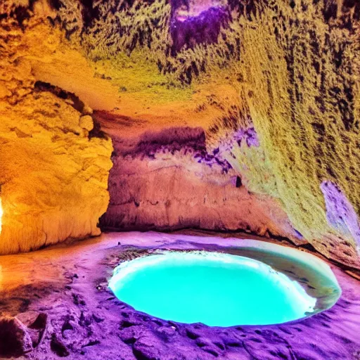 Prompt: inside a cave with a hot spring and the walls of made of amethyst, photo