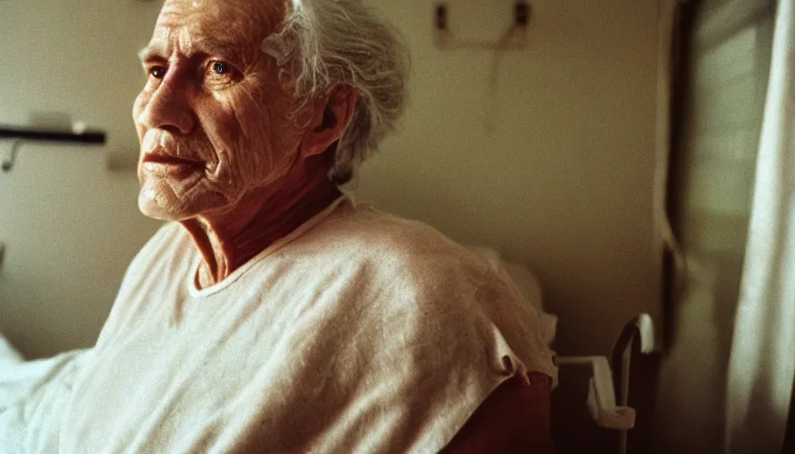 Image similar to 7 0 s movie still of a old golden man in the hospital, cinestill 8 0 0 t 3 5 mm eastmancolor, heavy grain, high quality, high detail