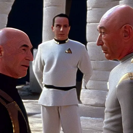 Image similar to captain jean - luc picard having a conversation with charles xaiver in ancient egypt
