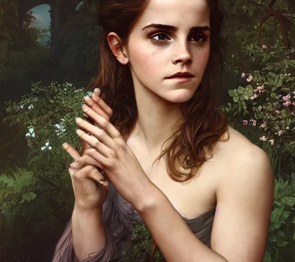 Image similar to photography of emma watson with hands - up and hairy armpits, deep focus, intricate, elegant, highly detailed, digital painting, artstation, concept art, matte, sharp focus, illustration, art by artgerm and greg rutkowski and alphonse mucha and gil elvgren