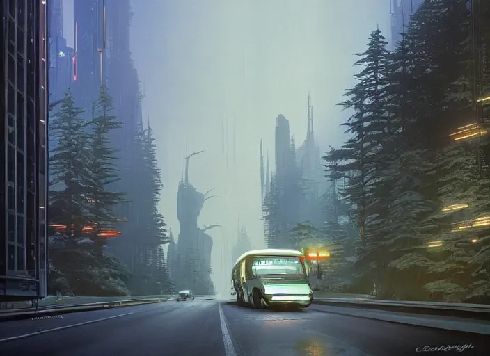 Prompt: a ca bus driving down a street next to tall Forest-1 the night, cyberpunk art by Chesley Bonestell, cgsociety, retrofuturism, matte painting, reimagined by industrial light and magic