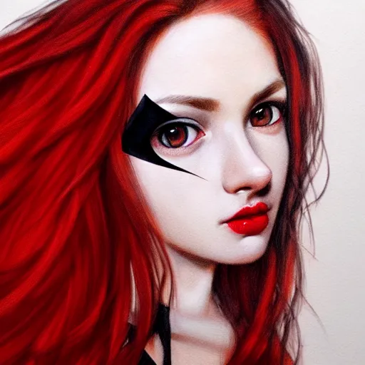 Image similar to a realistic illustration portrait of a beautiful cute girl with curly black and red hair, a pointy nose and, round chin black eyeliner, trending on artstation, hyper - realistic lighting, intricate