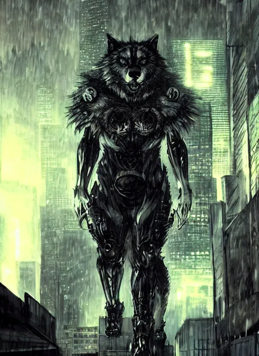 Image similar to Giant wolf with glowing eyes towering over a fantasy city, raining. In style of Yoji Shinkawa and Hyung-tae Kim, trending on ArtStation, dark fantasy, great composition, concept art, highly detailed, dynamic pose.