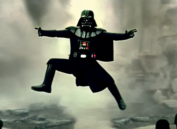 Prompt: film still of Darth Vader jumping up in joy over his great success in the new Star Wars movie, 4k