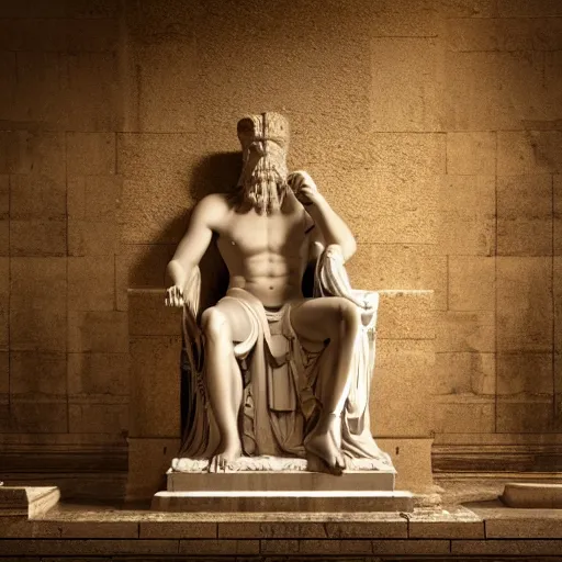 Prompt: photography of the god zeus in the olympe temple, realistic, dark