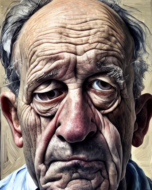 Image similar to an extreme close up portrait a very ordinary old man with an angry expression, side angle, by Lucian Freud and Jenny Saville, oil painting, anatomically correct, beautiful perfect face, visible brushstrokes, sharp focus, Highly Detailed, Cinematic Lighting, 8k, HD