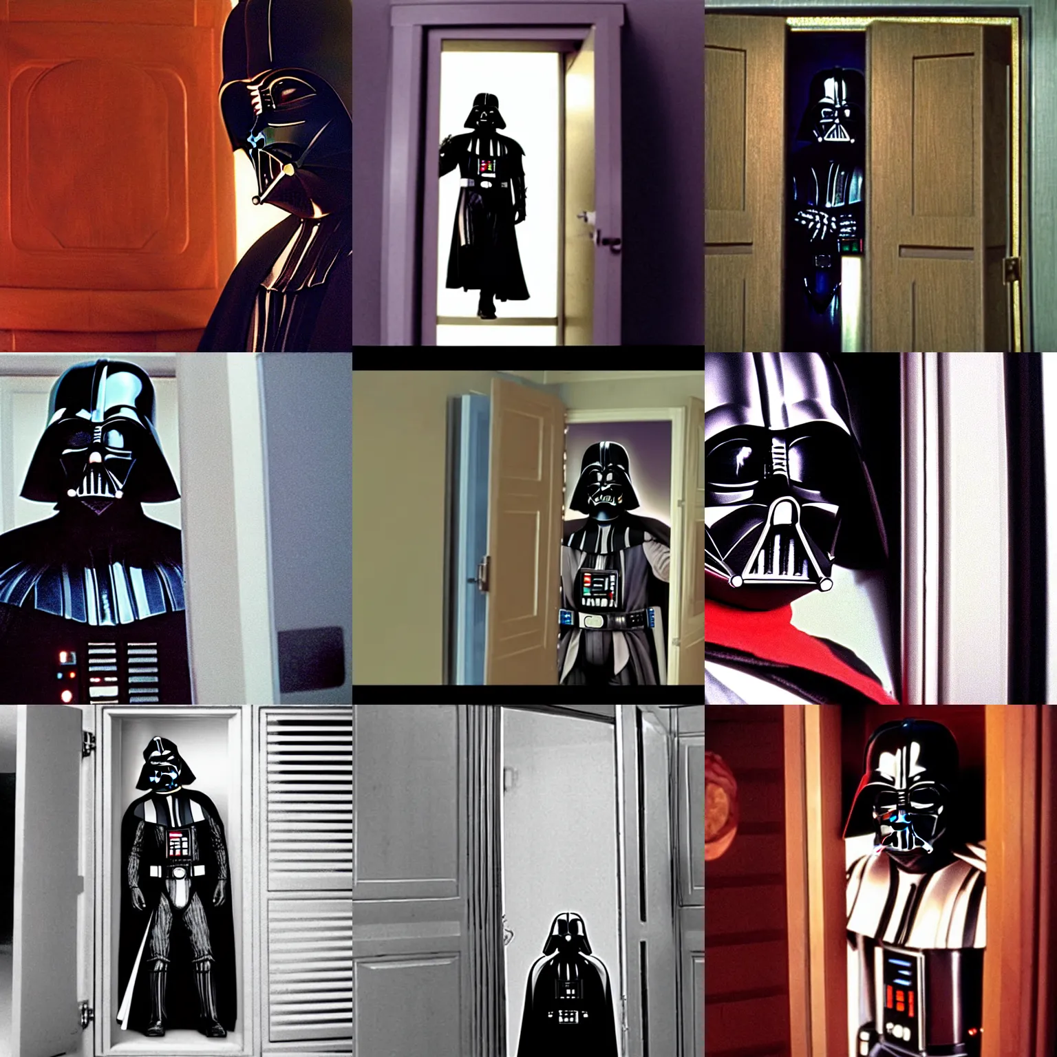 Prompt: Darth Vader in a cupboard, film still from 'Indian in the cupboard'